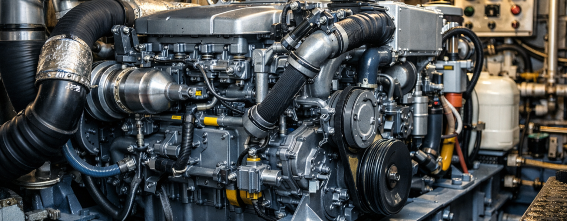 continuous duty marine inboard diesel engine installed in commercial fishing vessel engine room