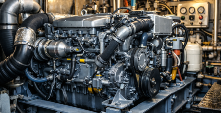 continuous duty marine inboard diesel engine installed in commercial fishing vessel engine room