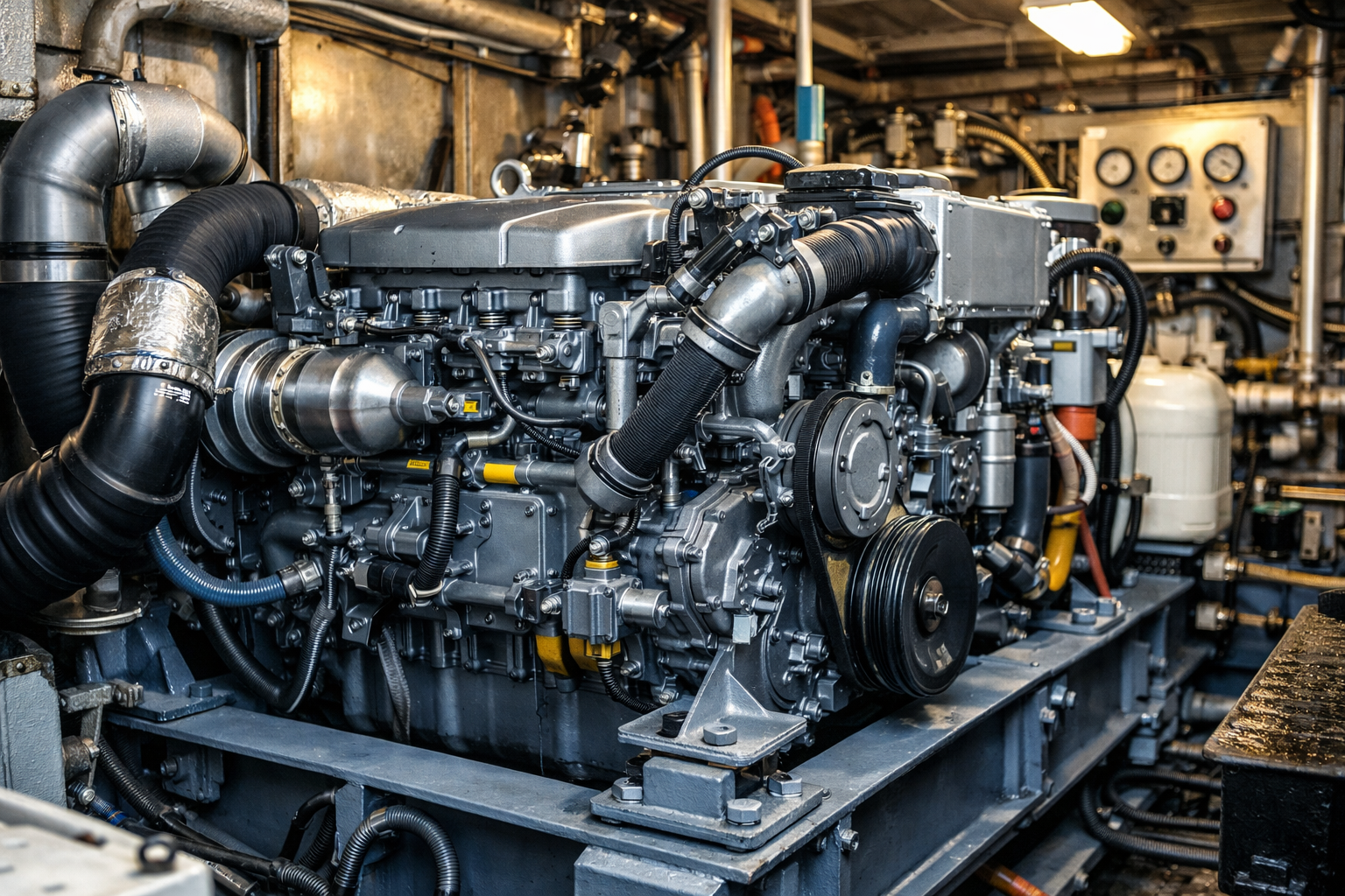 continuous duty marine inboard diesel engine installed in commercial fishing vessel engine room