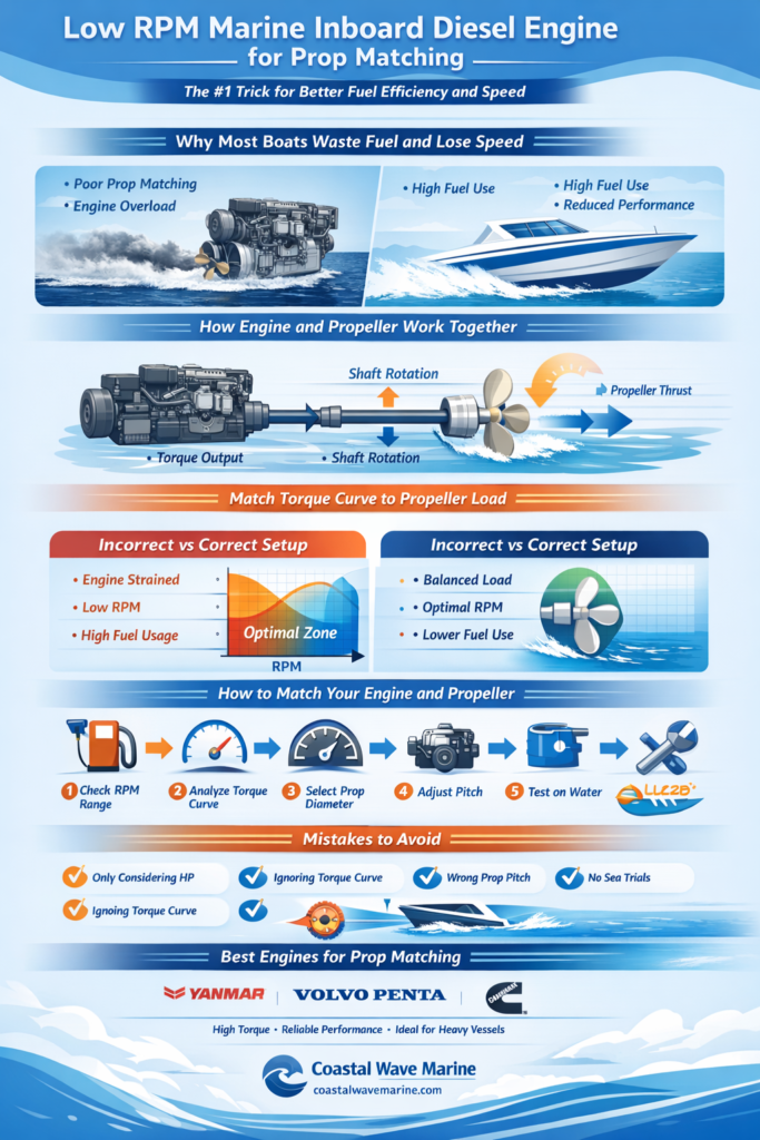 low rpm marine inboard diesel engine for prop matching infographic showing fuel efficiency and speed optimization
