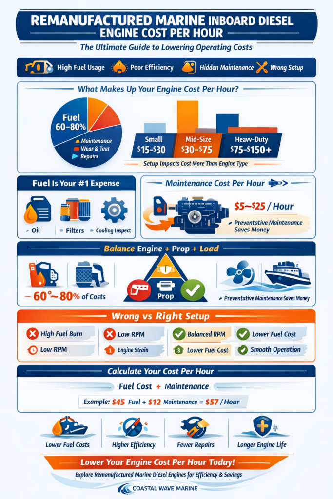 remanufactured marine inboard diesel engine cost per hour infographic showing fuel, maintenance, and efficiency breakdown